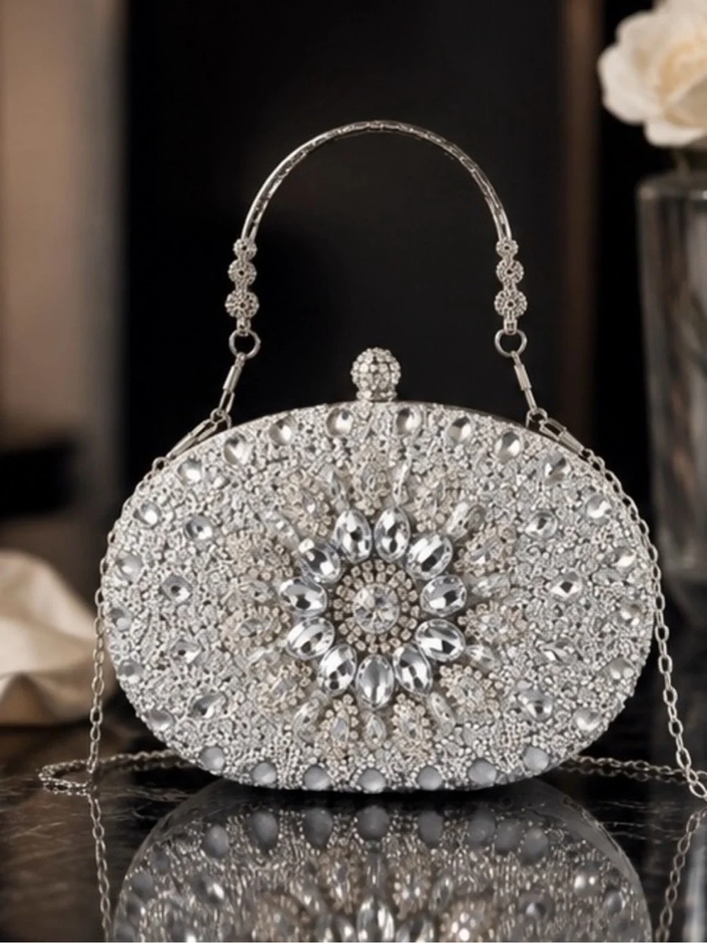 Luxe Silver Crystal Floral Oval Evening Clutch